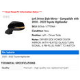 thumbnail image 2 of Left Driver Side Mirror - Compatible with 2020 - 2022 Toyota Highlander 2021, 2 of 2