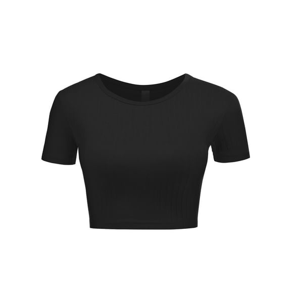 FashionMille Women's Basic Solid Crew Neck Stretch Ribbed Knit Short Sleeve Crop T Shirt Top