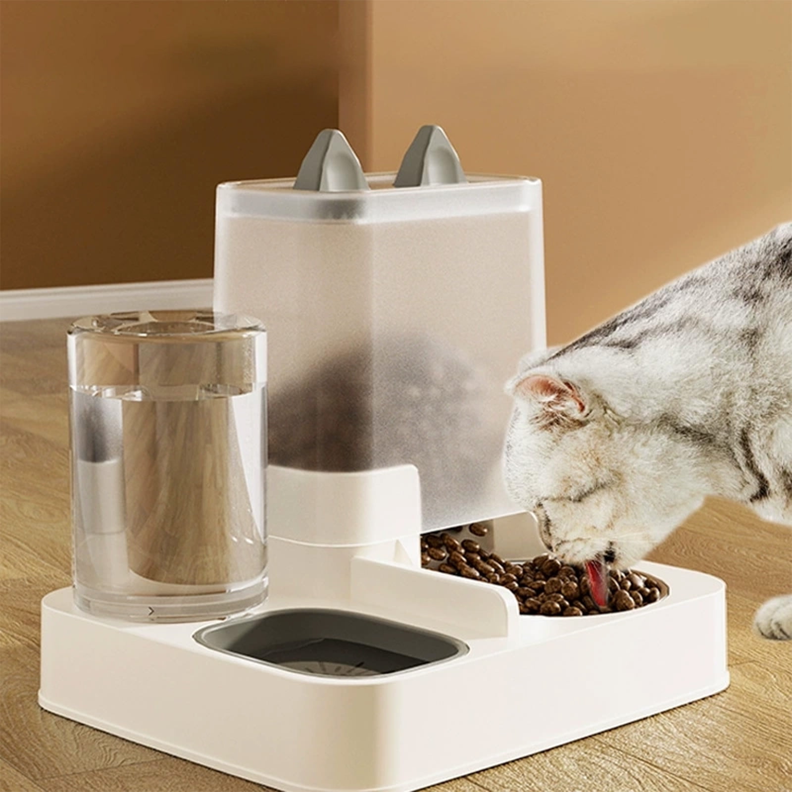 Automatic Cat Feeder and Water Fountain Combo, 2-in-1 Gravity Pet Feeder with Stainless Steel Bowls & Hair Filter, 2.2L Food & 1L Water Capacity, BPA-Free Gray