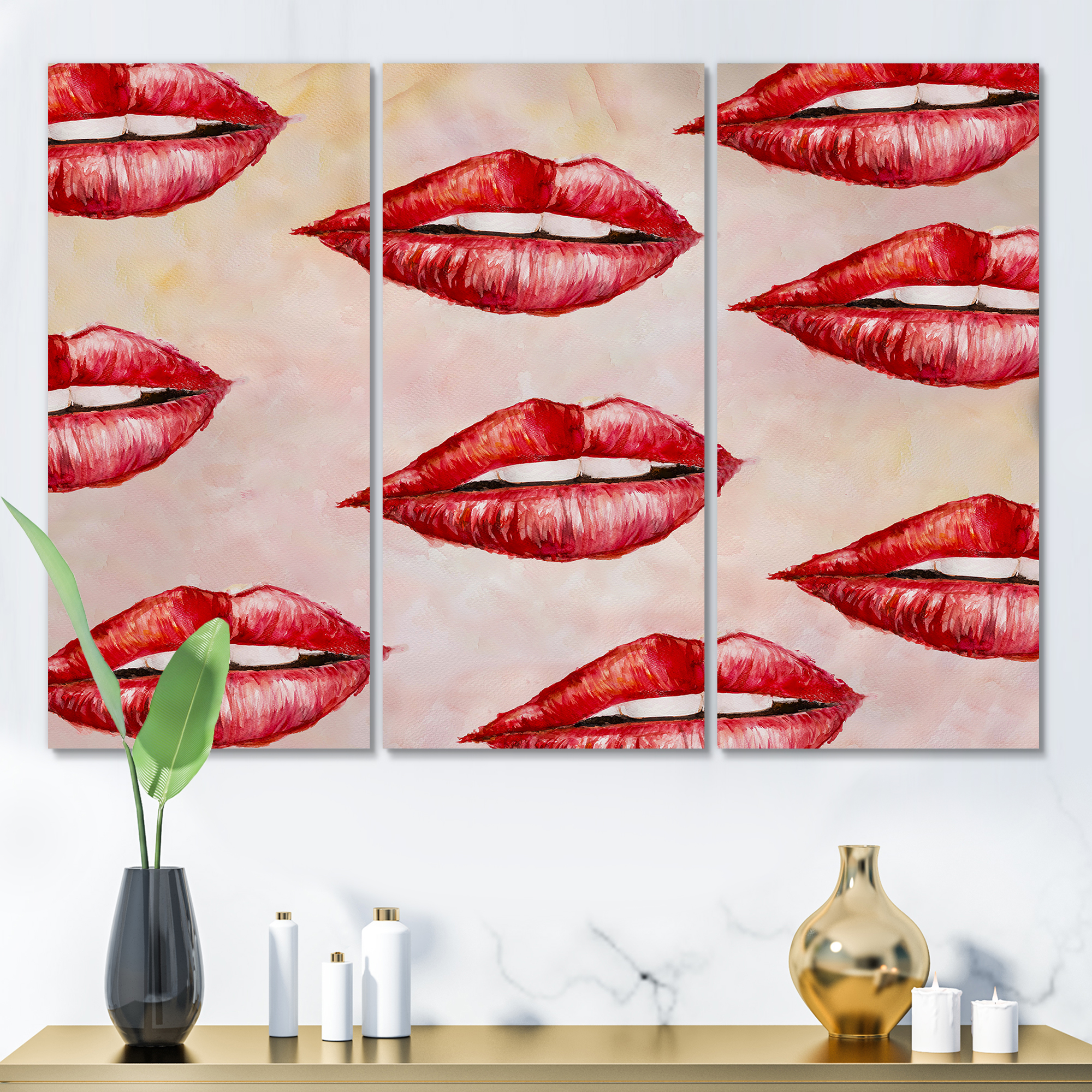 Designart ' Red Girl Lips Pattern ' Modern Canvas Wall Art Print