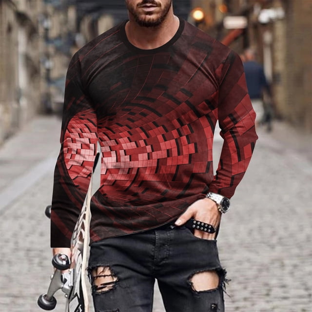 Blusas y camisas de manga larga con cuello redondo para hombre, blusa informal de manga larga con cuello redondo y estampado de rayas, blusa de poliéster para hombre