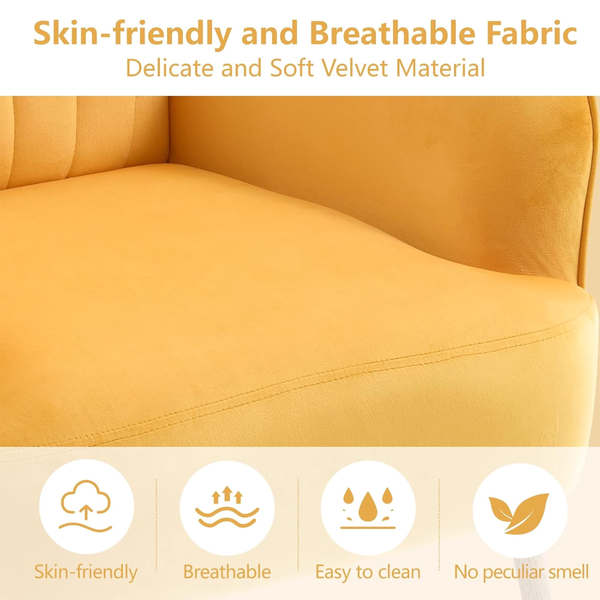 Mintazer Velvet Accent Chair with Shell-Shaped Backrest, Modern Upholstered Armchair with Metal Legs for Living Room & Bedroom, Yellow