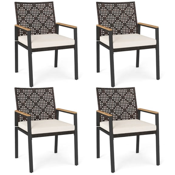 Biotree Set of 4 Hand-Woven PE Wicker Patio Dining Chairs with Acacia Wood Armrests - Beige Outdoor Chairs for Yard Garden Deck