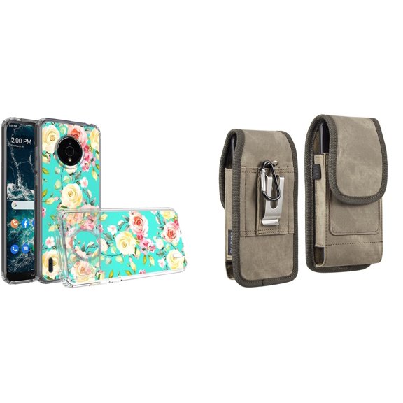 Case and Pouch Bundle for Nokia C200: Slim Series TPU Protector Case (White Pink Flowers on Teal) and Vertical Rugged Denim Nylon Belt Holster (Brown)
