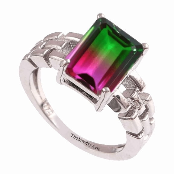 925 Sterling Silver Watermelon Tourmaline Gemstone Ring Emerald Cut Gems Unique & Attractive Handmade Jewelry Elegant Gift Ring Silver 3