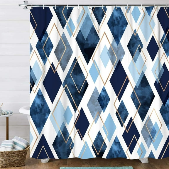 Blue Shower Curtain Set, Modern Geometric Diamond Pattern Print Art Decor Waterproof Bath Curtain, Navy Blue Gold Abstract Fabric Polyester Shower Curtains with Hooks for Bathroom,72X72IN