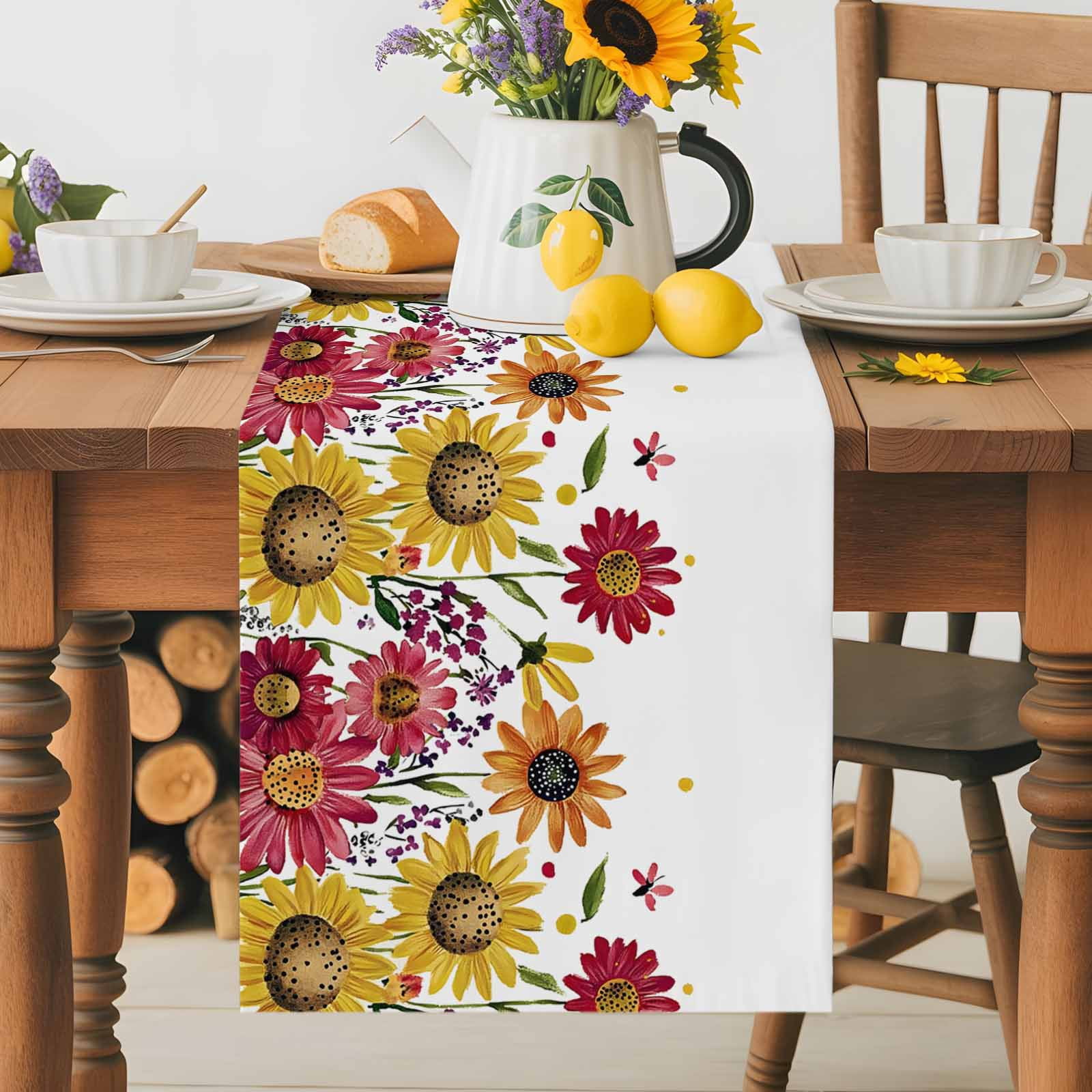 Summer Yellow Red Chrysanthemum Table Runner 90 Inches Long, Watercolor Pastoral Floral Table Runners Tabletop Scarf Kitchen Dining Tables Decoration for Home Party Indoor Outdoor
