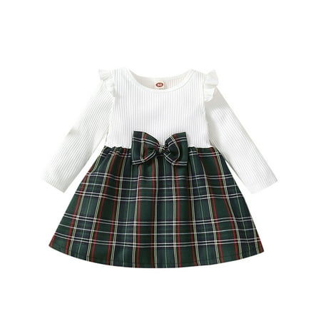 

Colisha Baby Patchwork Autumn Dress Front Bow Knot Long Sleeve Dresses Cute Check Sundress