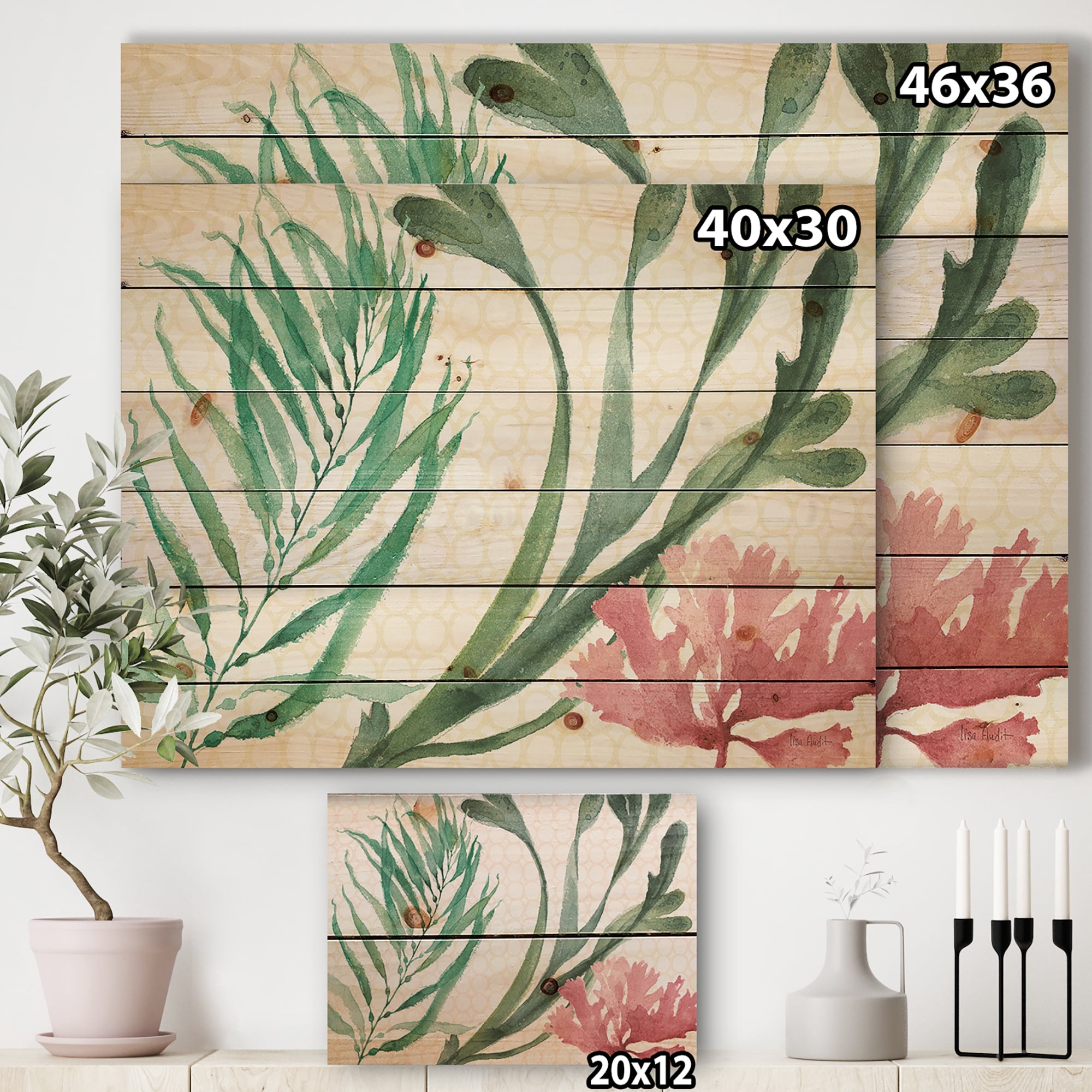 Designart 'Mixed Botanical Green Leaves III' Farmhouse Print on Natural Pine Wood