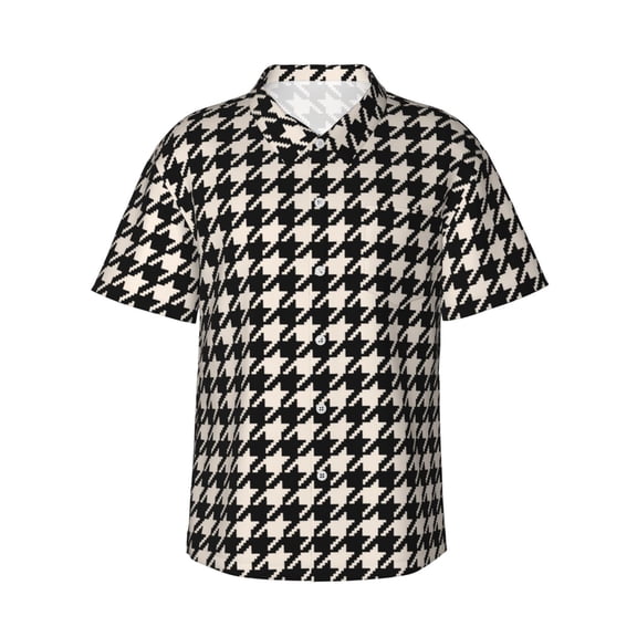 Honeii Black and white houndstooth Print Men’s Hawaiian Shirt,Classic Button-Down Short Sleeve Shirt, for Beach, Vacation, and Outdoor Activities,Small