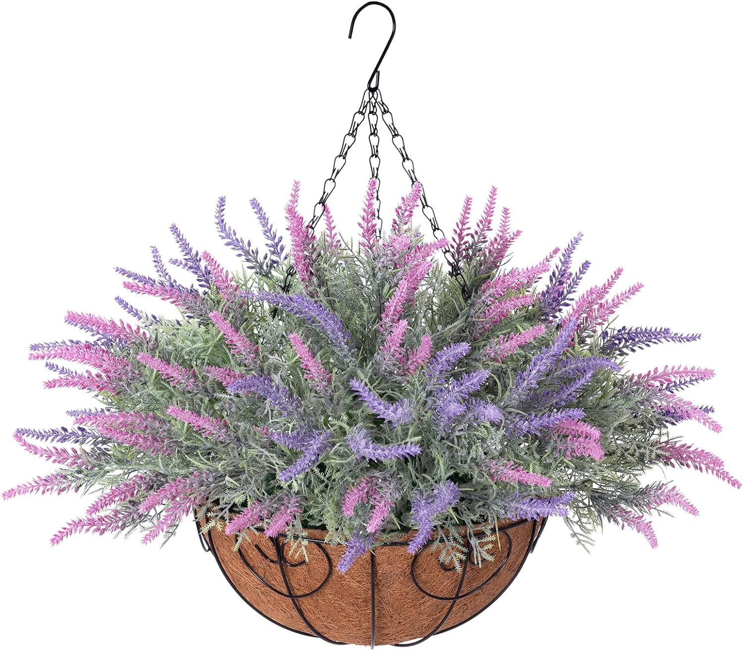 Artificial Fake Hanging Flowers Plants Basket for Outdoor Spring Decor, Faux Lavender in Pot Planter Realistic UV Resistant for Home Outside Patio Porch Balcony Yard