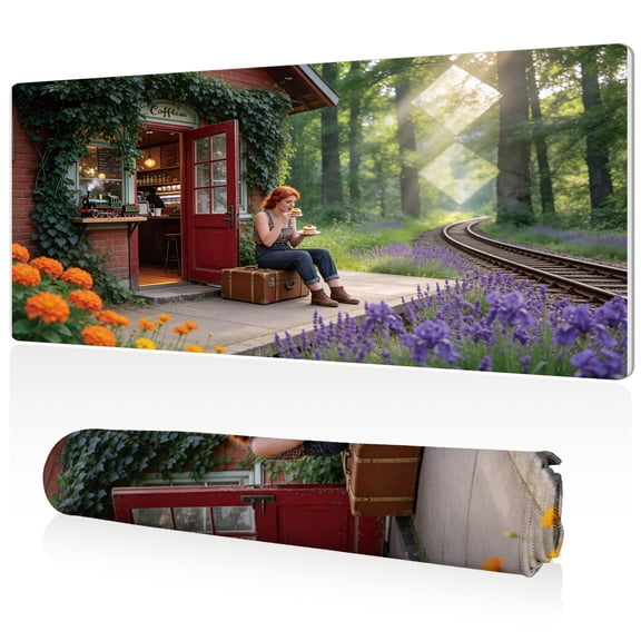 LIVEKEY Extra Large Mouse Pad 80x40x0.3cm Redhead at Railway Cafe with Flower Vines Design Full Desk Coverage Non Slip Durable Easy Clean Stitched Edges for Gaming and Office