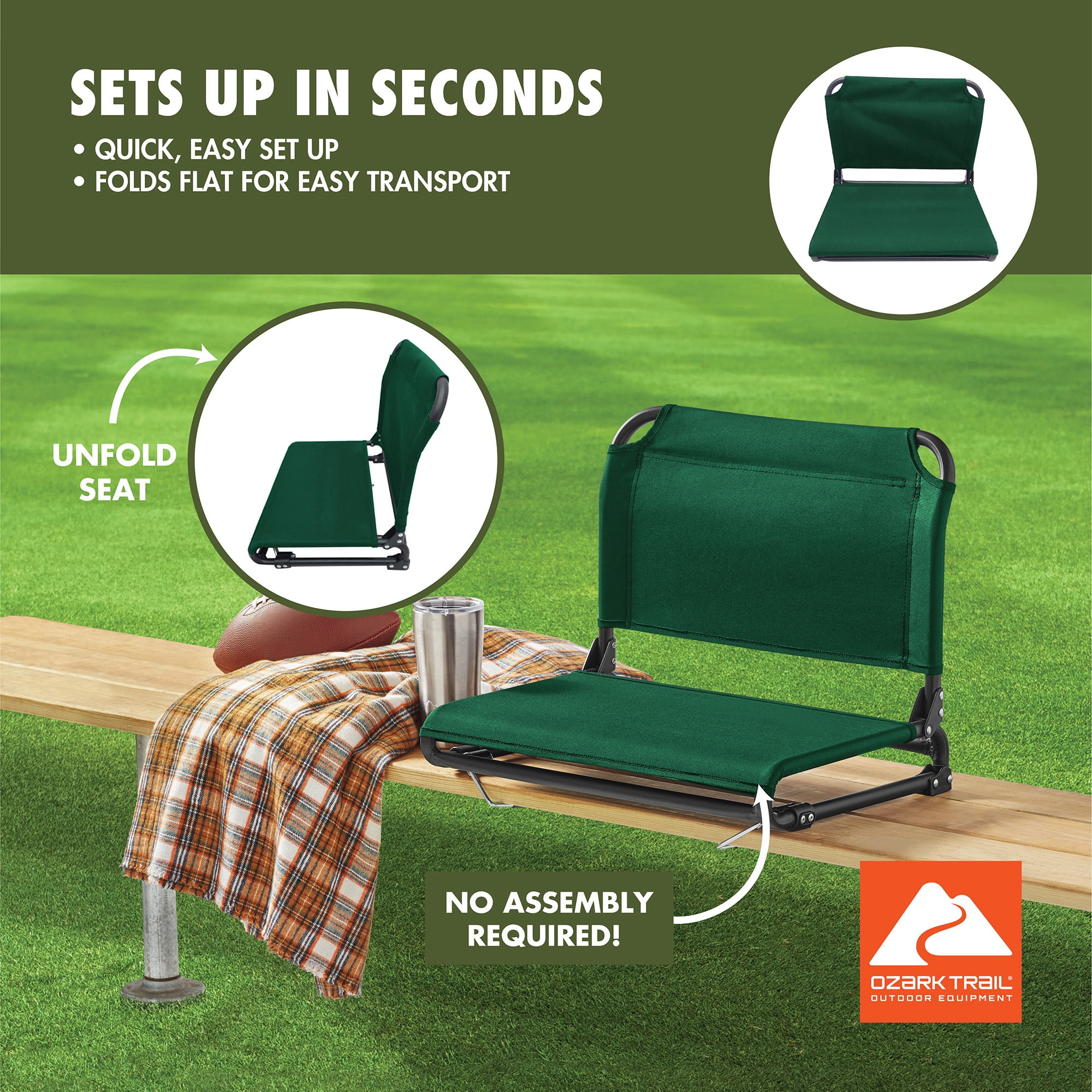 Ozark Trail Stadium Seat, Extra-Wide with Bleacher Hooks, Bungee Comfort, Dark Green