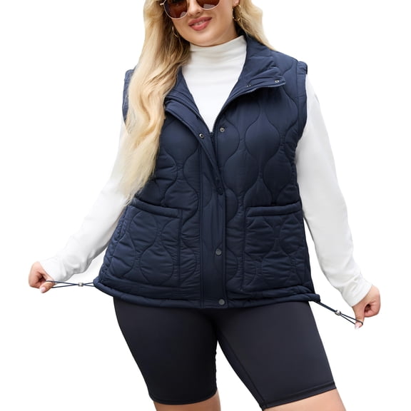 NAYTOAO Women Plus Size Quilted Puffer Vest for Women, Water‑Resistant Stand Collar Sleeveless Gilet with Pockets & Drawstring Hem