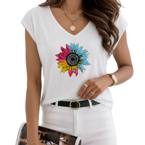 UNISHE Women's Rainbow Sunflower White V-Neck Sleeveless T-Shirt Casual Tank Top