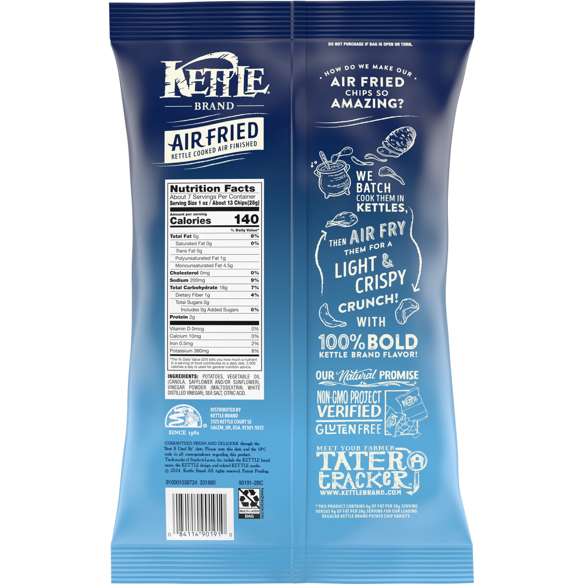 (3 pack) Kettle Brand Potato Chips, Air Fried Sea Salt & Vinegar Kettle Chips, 6.5 oz Bag