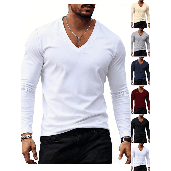 Gamivast Mens Long Sleeve Tee Shirts Slim-Fit Long Sleeve V-Neck Tees Soft Stretchy Casual Daily Work Gym Undershirts Trendy Outfits