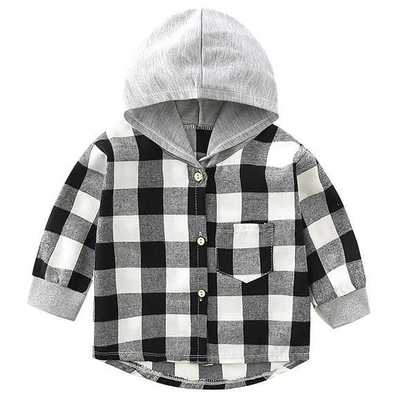 Scyoekwg Toddler Girls Jacket Button Plaid Hooded Jacket Long Sleeve Checkered Boys Jacket Casual Loose Shirts Outwear (Black,3-4 Years)