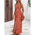 thumbnail image 3 of Women'S Dress Hollow Pleated Halterneck Printed Dress with V Neck Maxi Dress for Women Red S, 3 of 7