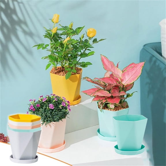 Large Thick Plastic Flower Pot with Drainage Holes and Saucer, Indoor Outdoor Planter for Balcony Patio Garden (16.5cm)