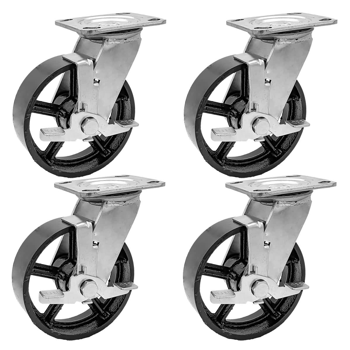 4 Pack Combo 6" Vintage Caster Wheels Black Iron Casters 2 plate & 2 w/brake 