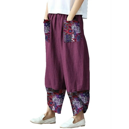 Womens Plus Size Floral Pants Relaxed Casual Wide-Leg Comfy Patchwork ...