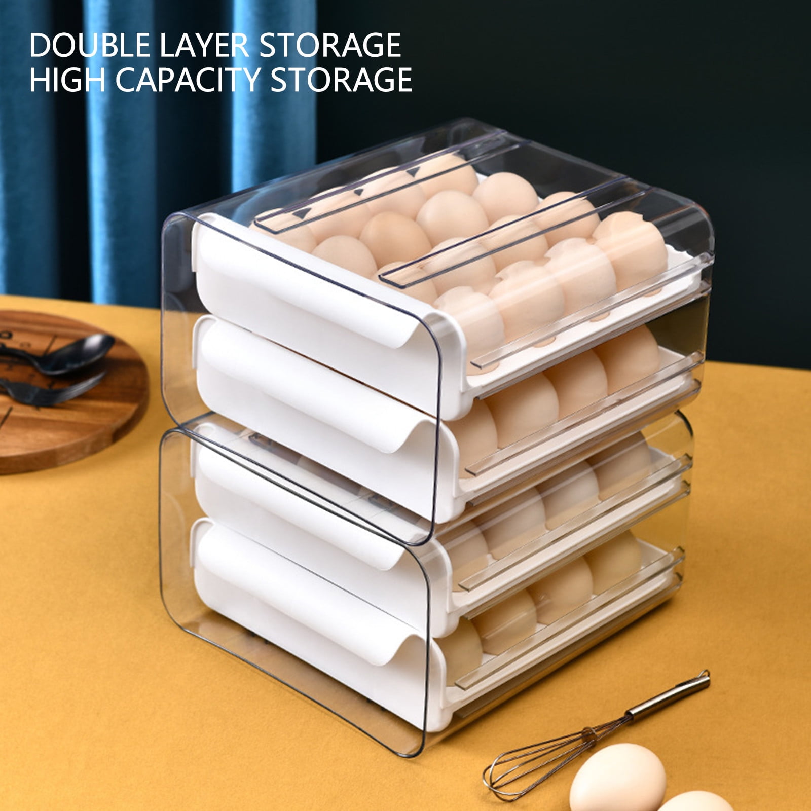 Deeceymbur Stackable Eggs Holder for Fridge Refrigerator Eggs Storage Drawer-Type Eggs Storage Box Eggs Organizer Kitchen Thickened Large-Capacity Eggs Tray