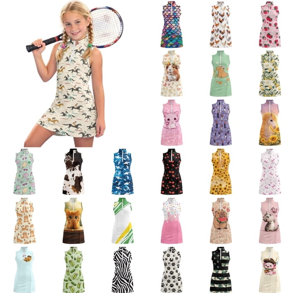 Y-Sunset Girls Tennis Dress 1/4 Zip Golf Outfit Built-in Bra & Shorts Pickleball Athletic Dress Workout Pockets 4-15Y