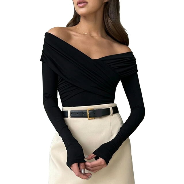 Honganda Women Short T-Shirts Front Cross V-Neck Off Shoulder Shirts Spring Fall Slim Fit Tops Streetwear