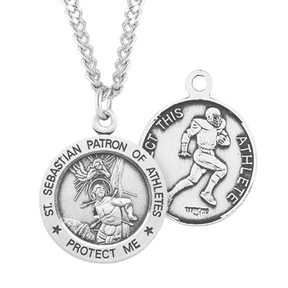 Patron Saint St Sebastian Round Sterling Silver Football Medal, 24" Endless Rhodium Plated Stainless Steel Chain Necklace, Made in USA, Deluxe Velvet Gift Box