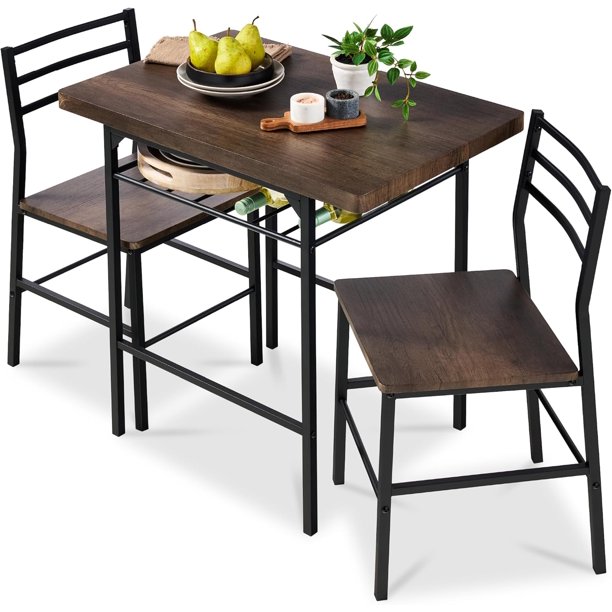 Songqin 3-Piece Modern Dining Set, Space Saving Dinette for Kitchen, Dining Room, Small Space w/Steel Frame, Built-in Storage Rack - Dark Brown/Black