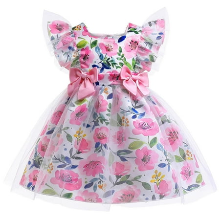 

ZHAGHMIN Baby Dresses 6-12 Months Child Girls Fly Sleeve Pageant Tulle Dress Birthday Party Kids Floral Prints Bowknot Gown Princess Dress Belle Dress Baby Overall Dress Bunny Dress Girls Dresses Ca