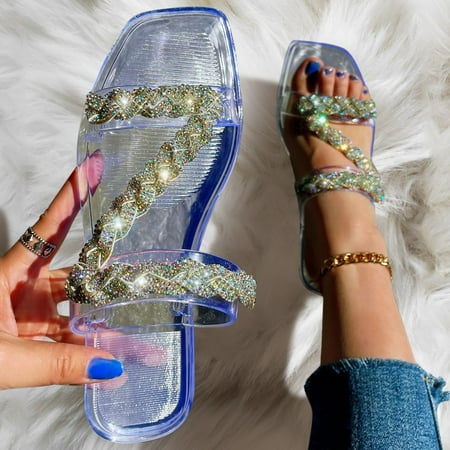 

Yenergle Fashion Spring And Summer Women Slippers Rhinestone Flat Large Size Beach Shoes