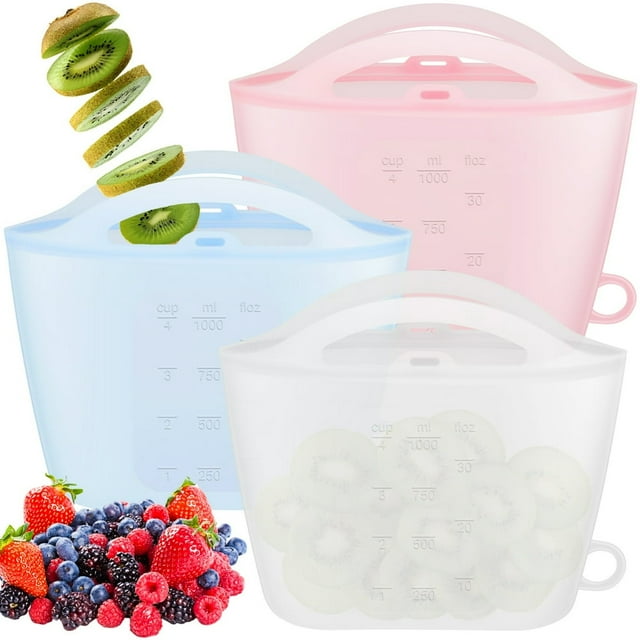 PENGXIANG 3 Pcs Sacs de Rangement Réutilisables Conteneurs en Silicone pour Stockage Alimentaire 1000ML Résistant à la Chaleur Sac de Congélation Réutilisable Micro-Ondes et Lave-Vaisselle pour Sandwich Salade Fruits