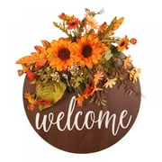 Hamlinson Fall Welcome Sign for Front Door 12x12" Sunflower Sign Wreaths Round Wooden Hanging Wreaths for Autumn Halloween Thanksgiving Farmhouse Front Porch Decor Wall Festivals Decorations