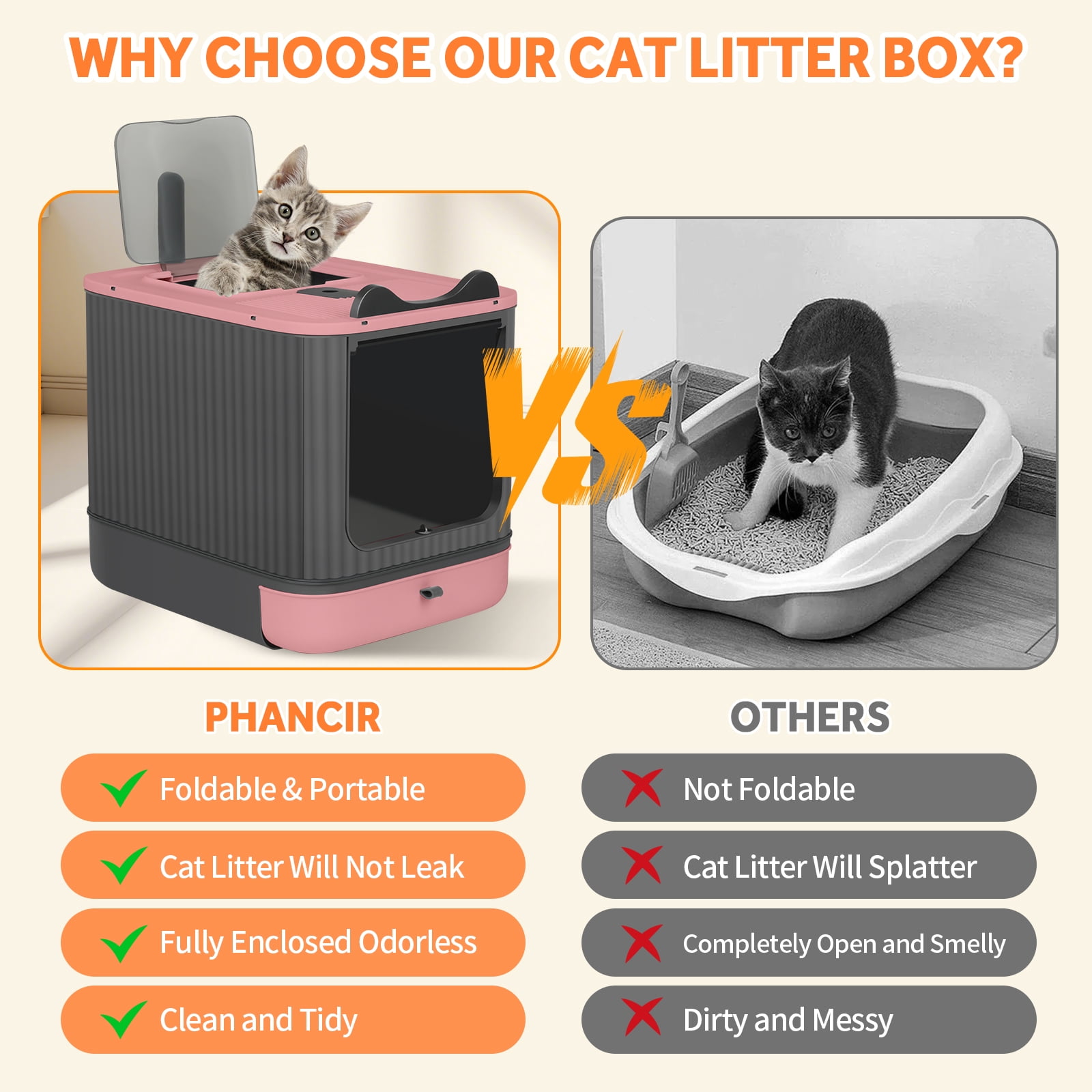 PHANCIR Enclosed Cat Litter Box with Lid, Easy to Clean with Includes Scoop & 4 Charcoal Deodorizer Bags,Pink