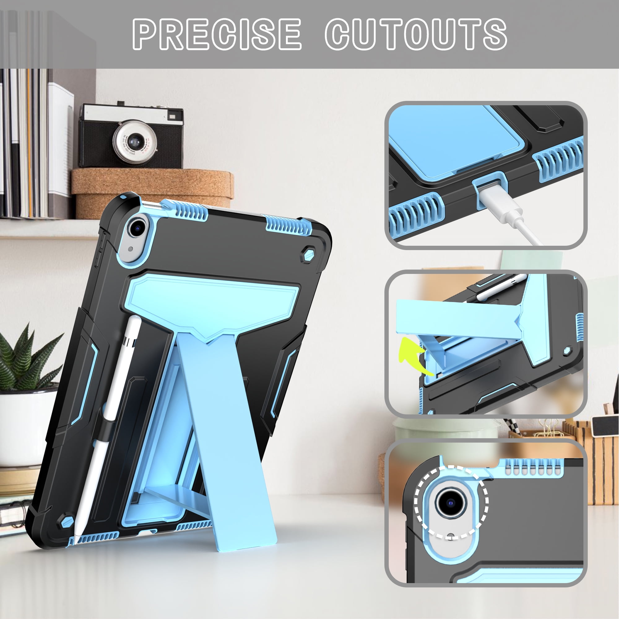 Decase Case for Apple iPad 10th Generation 10.9-inch,Shockproof Rubber Heavy Duty Rugged 3-Layer Protetion Kickstand Armor Cover with Pencil Holder, Black+Blue