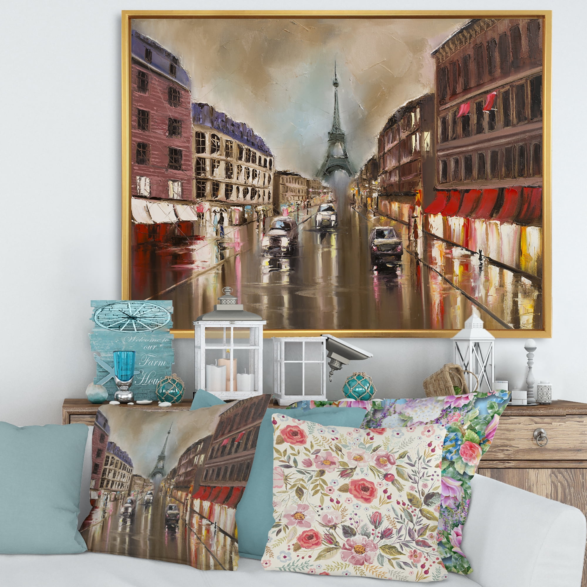 Designart 'Quiet Rainy Street In Gray Eiffel Tower Paris' Traditional Framed Canvas Wall Art Print