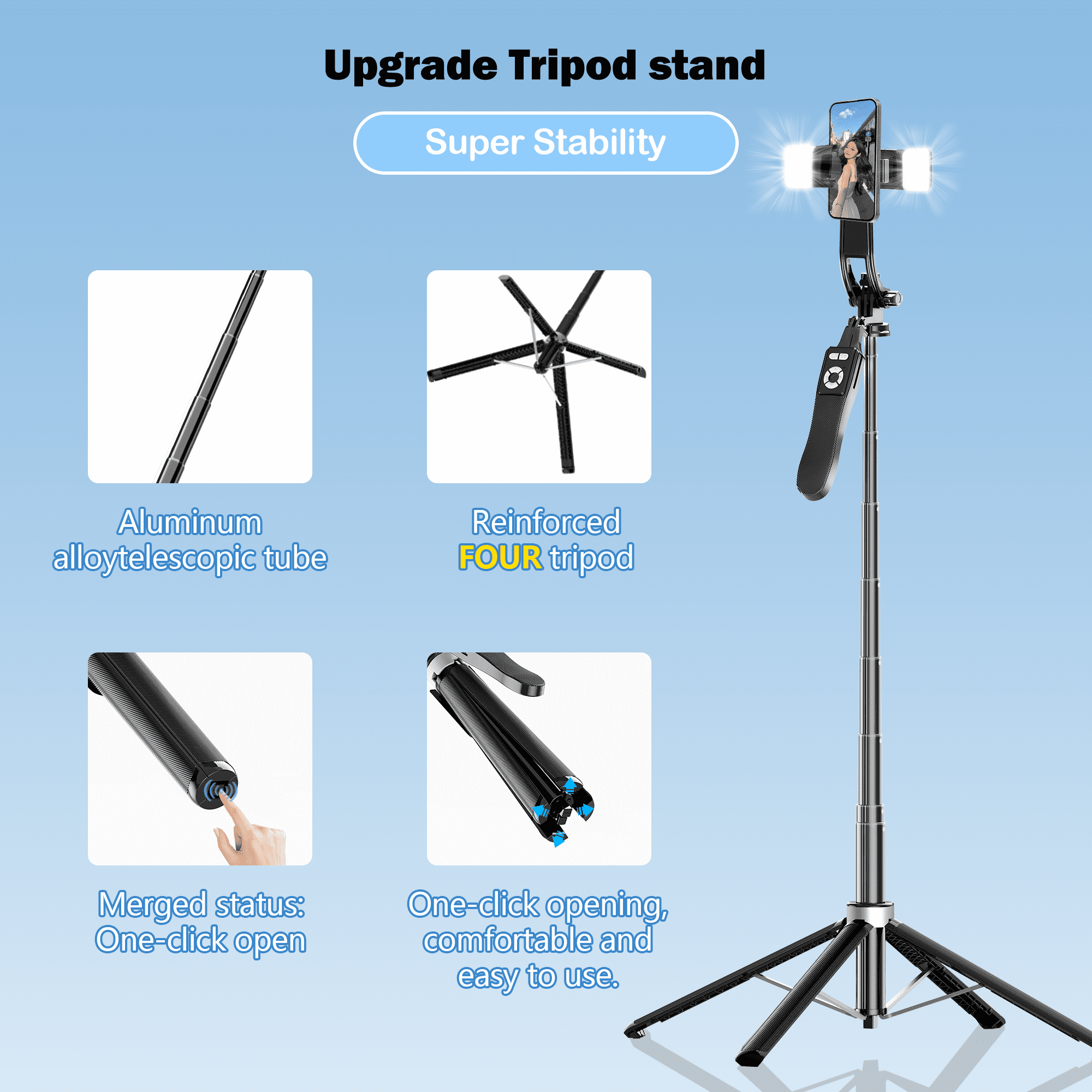 TIKBBRMG Phone Tripod and Selfie Stick 71in Extendable Phone Stand with Light, Remote & Rotatable Grip for Travel/Selfie/Recording/Vlogging, Compatible with iPhone/Android (Black)