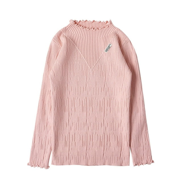 Little Girls Sweaters Korean Ruffled Edge Knitted Sweater Girls Letter Print Warm Layering Top Clothes Pink Size 6-7T