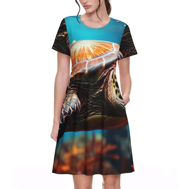 Balery Realistic Turtle Vestidos sueltos de manga corta para mujer, vestidos de verano 2025, vestidos casuales de corte A con vuelo.