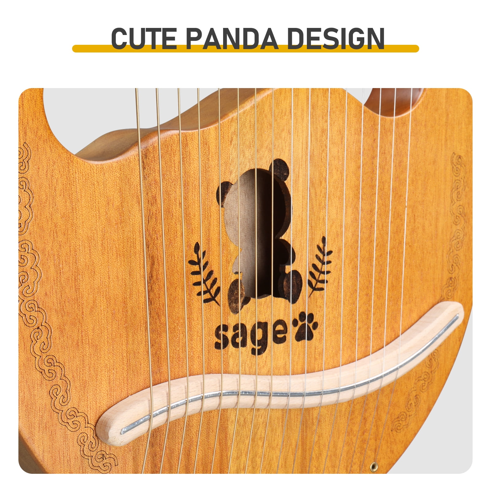 16-String Box Lyre Harp, Sapele Wood Lap Harp with Panda Motif, Steel Strings, Tuning Wrench and Padded Bag for Beginners and Kids
