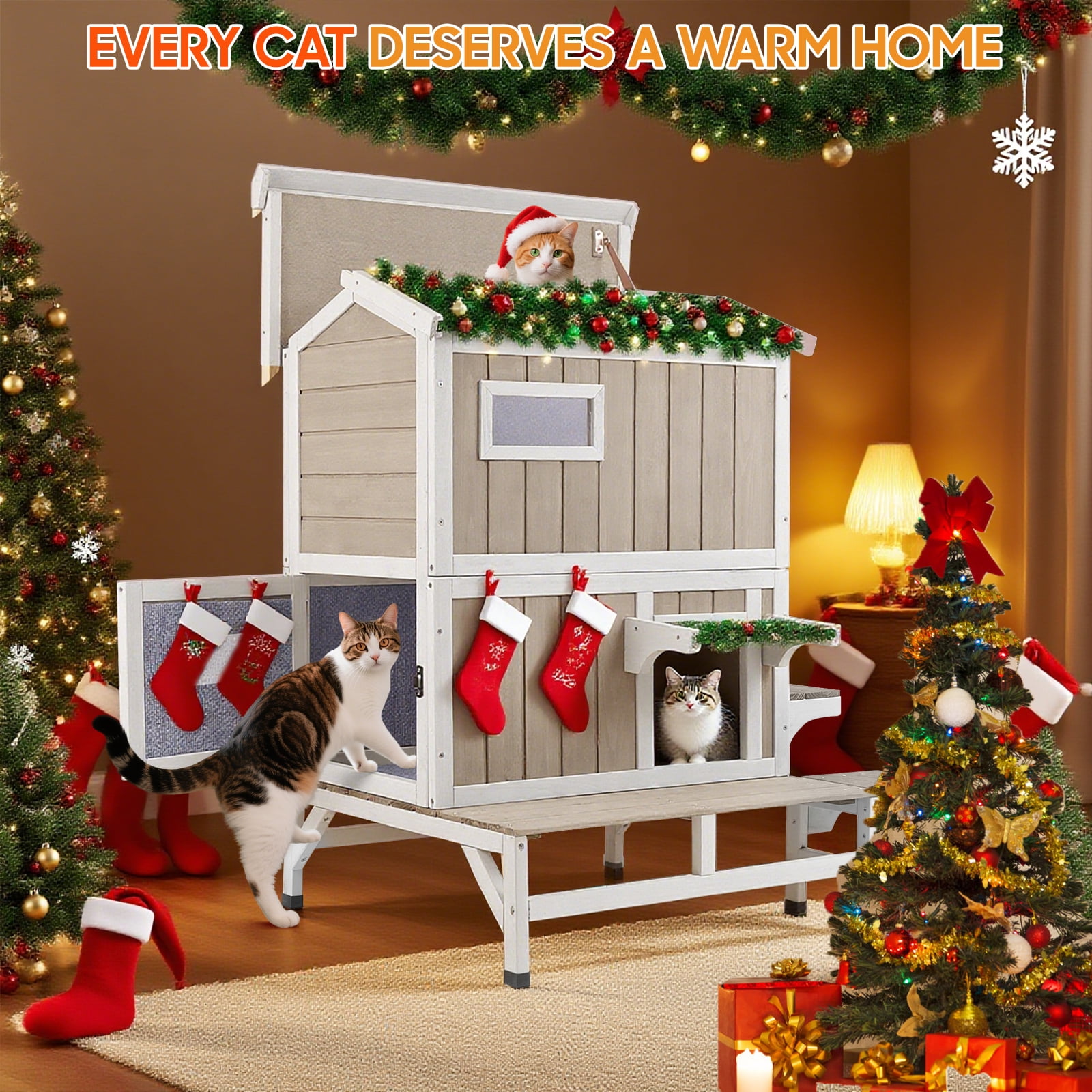 PETSCOSSET Insulated Outdoor Cat House Wooden Feral Cat Shelter with Balcony