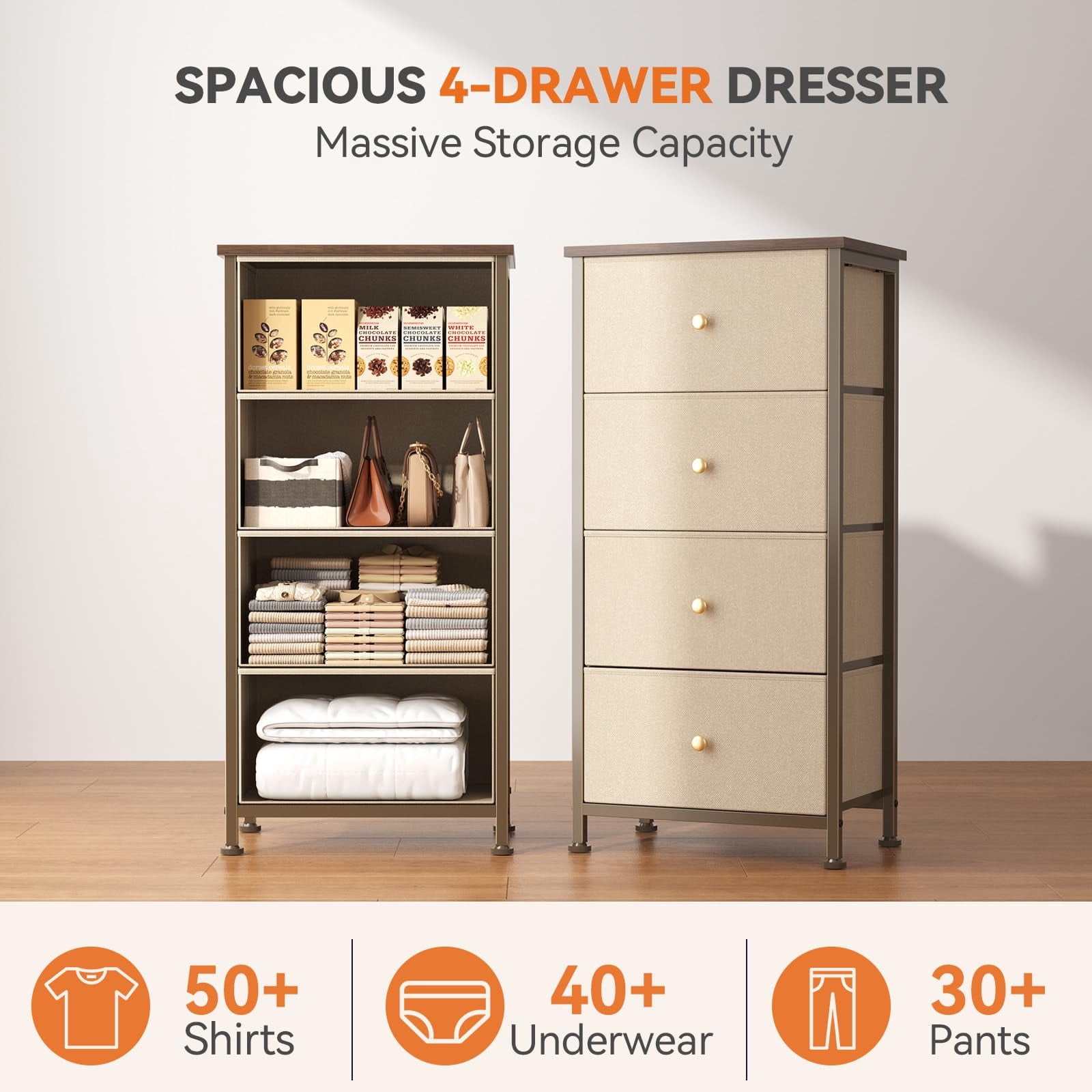 Telyra 4-Drawer Fabric Dresser 37.4" Tall Storage Tower with Wood Top and Steel Frame Narrow Organizer, Khaki