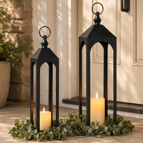NUPTIO Tall Black Metal Lanterns Decorative Indoor Outdoor, Large Floor Lantern for Front Porch Decor Fireplace Patio Garden Set of 2 (No Glass)