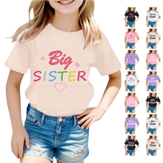 SUXIAN T-Shirts de Mode pour Filles à Lettres Col Rond Manches Courtes T-Shirt Haut 1 Imprimé de Lettres Col Ras du Cou Chemises Décontractées pour Filles Beige_001 8-9 Ans