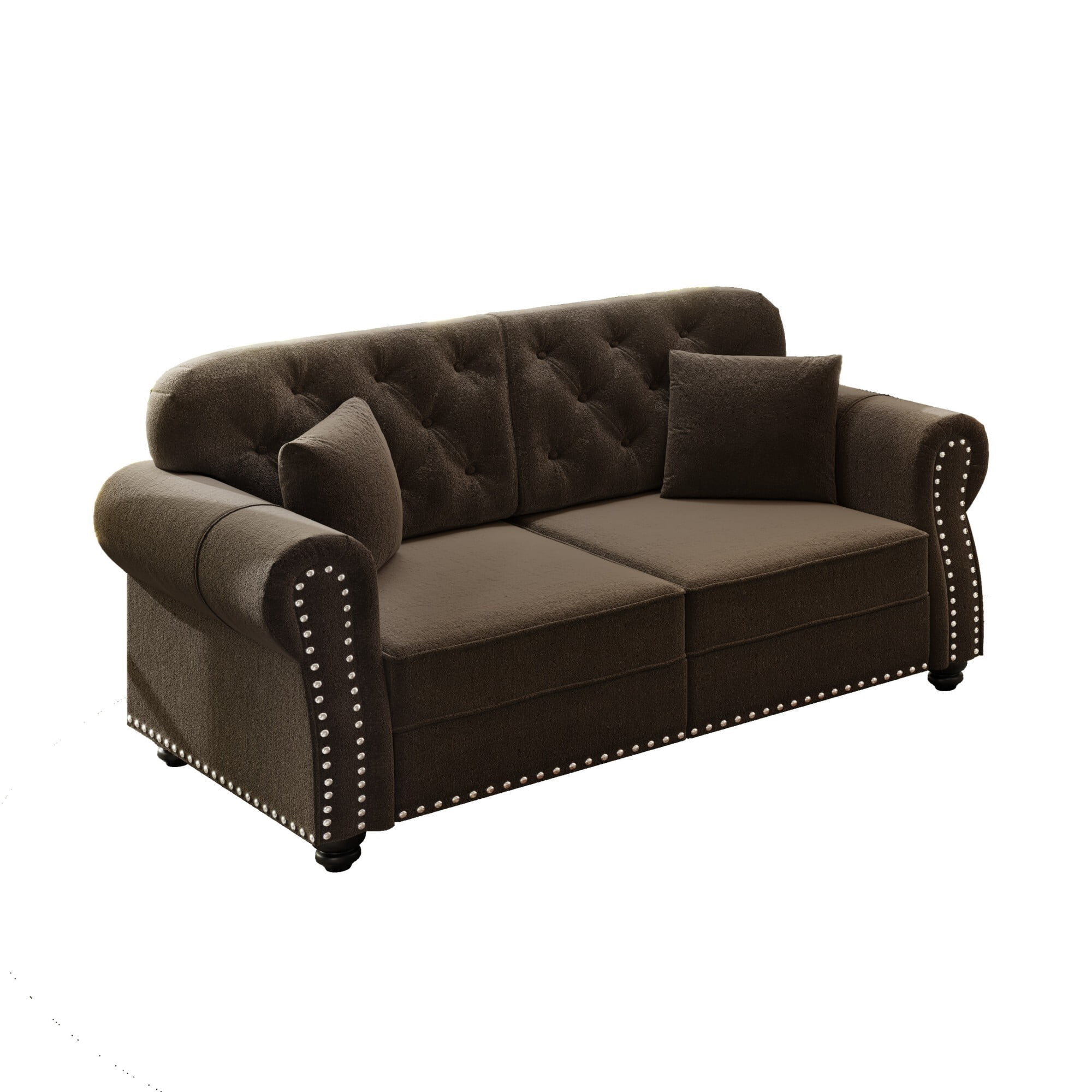 AENKYO 63" Chesterfield Velvet Loveseat, Mid-Century Modern 2-Seat Sofa with Nailhead Trim and Tufted Back, Brown
