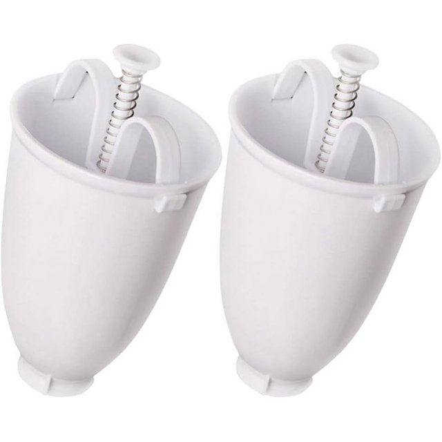 Mini Donut Maker Donut Maker Dispenser set of 2, featuring manual donut depositors with a compact, lightweight design. These white plastic donut droppers include a spring-loaded plunger mechanism for easy and precise dough dispensing. Ideal for DIY cake and pastry baking, this tool is suitable for making donuts, pancakes, and other desserts. Perfect for home use or outdoor baking activities.