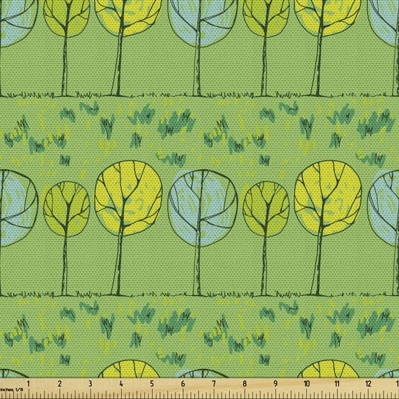 Floral Sofa Upholstery Fabric by the Yard, Scribbled Trees and Grass in a Meadow Drawn by Hand, Decorative Fabric for DIY and Home Accents, Lime Green Multicolor by Ambesonne