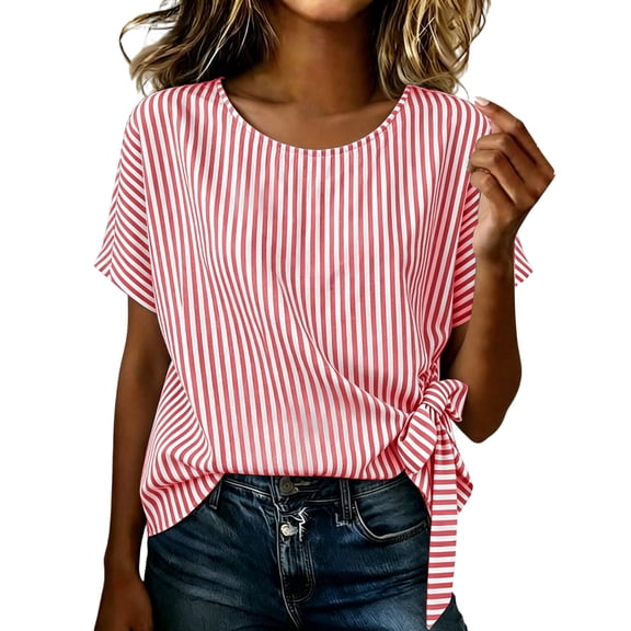 Cotton Linen Striped Elegant Tops for Women Trendy Outdoor Tie Shirts for Summer Lightweight Loose Fit Crewneck Short Sleeve Tee